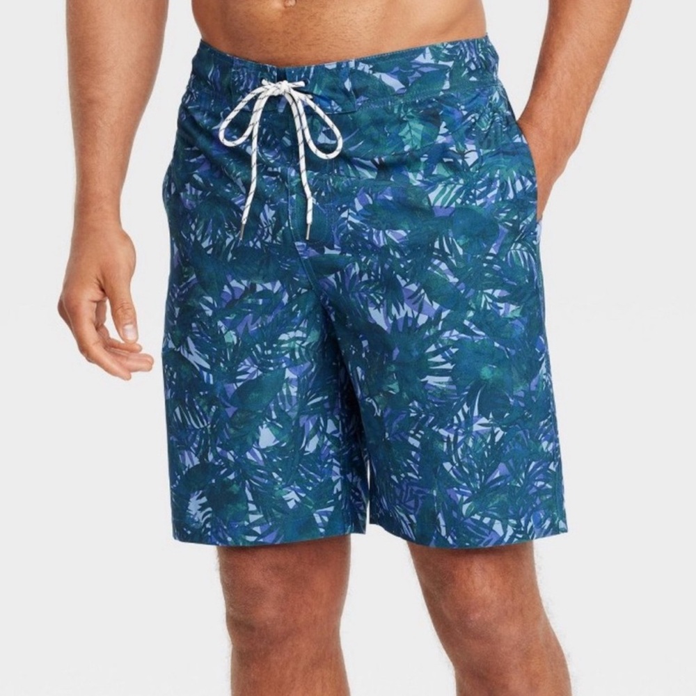 Goodfellow & Co Blue and Green Leaf Print Swim Shorts